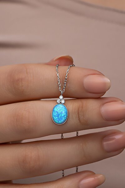 Nereze 925 Ayar Gümüş Rodyum Kaplama Oval Mavi Opal Taşlı Kolye