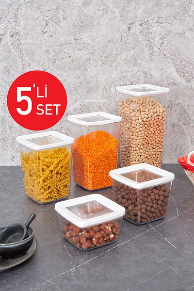 vinyet 5-Piece Vacuum Storage Container (Total 6 Liters) Food Container White Transparent Square Storage Container with Lid