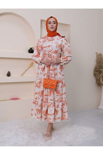 Modamorfo Kleid mit elastischen Ärmeln, halbem Knopf und Gürtel