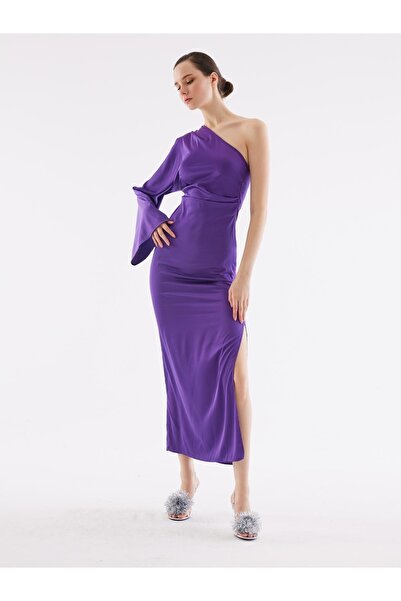 Juste Studio Атласна фіолетова довга сукня з розрізом на одне плече