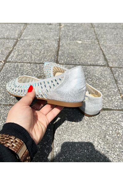 Afilli Rochie de seară cu vârf ascuțit, cu talpă plată, elegantă, din tul argintiu, pentru femei, pantofi de balerină de zi cu zi