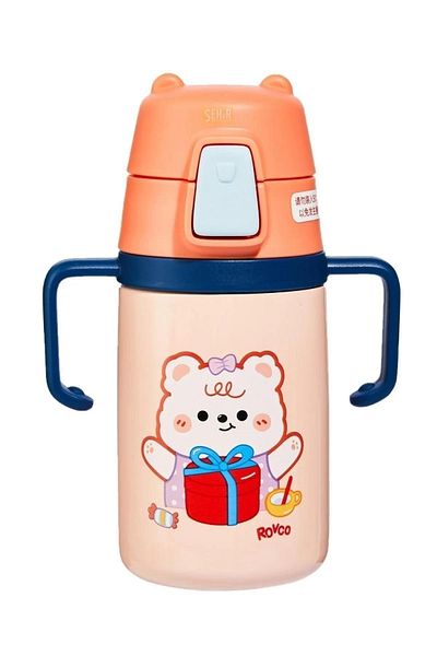 Rovco 400ml Stainless Steel Thermos with Silicone Straw, Cute Teddy Bear, Neck Strap, Baby Handle