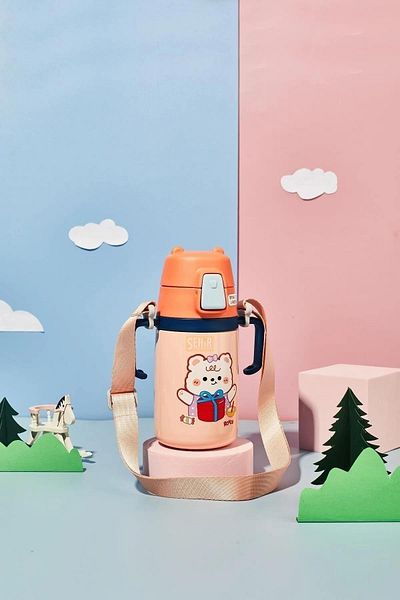 Rovco 400ml Stainless Steel Thermos with Silicone Straw, Cute Teddy Bear, Neck Strap, Baby Handle
