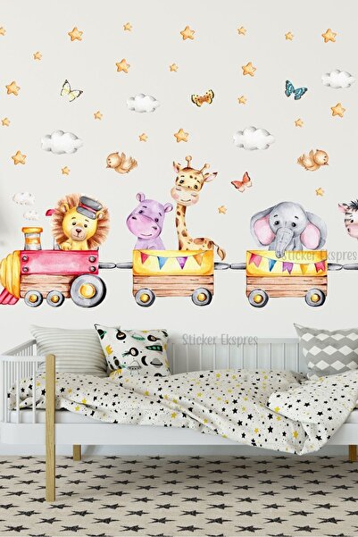 Sticker Ekspres Safari Hayvanlarının Eğlenceli Tren Yolculuğu Çocuk Odası Duv...