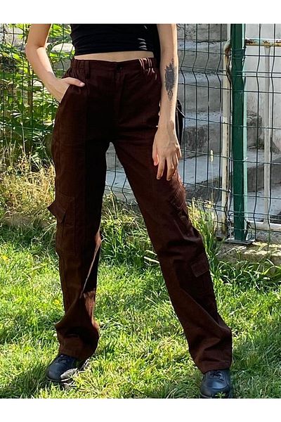 Planet Butik Brown Trousers with Cargo Pockets and Elastic Waist