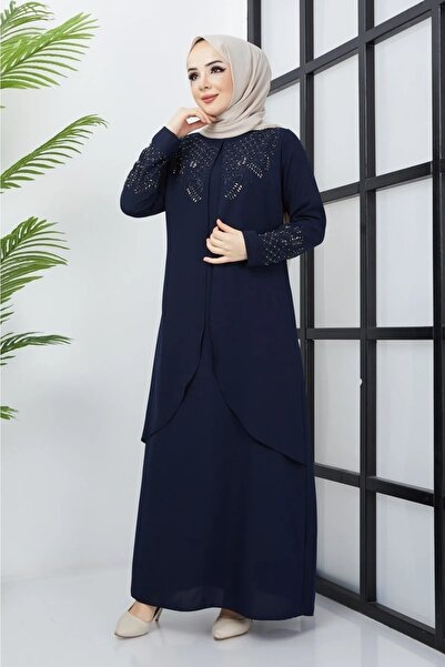 KMKkombin Anne Büyük Beden Yakası Ve Kolu Pırıltı Taş Işlemeli Abiye Elbise