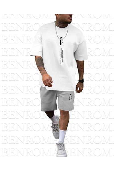 BENROMA Men's White Vertical Printed Oversize Shorts T-Shirt Set