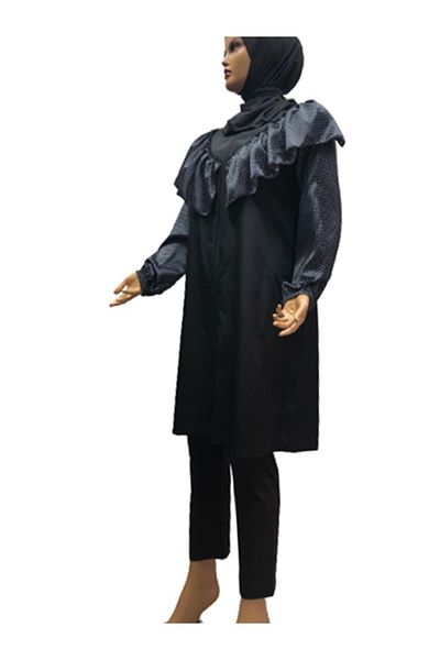 eflin Women's Clothing Black-white Polka Dot Full Covered Hijab Swimsuit Including Bonnet