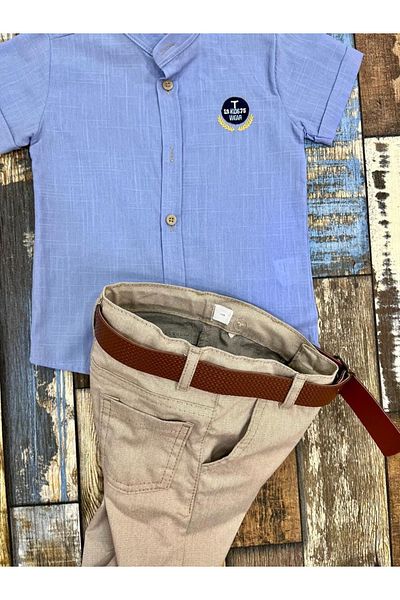 Esterella Costum pentru bărbați cu mânecă scurtă / guler de judecător / pantaloni scurți de cămașă / curea