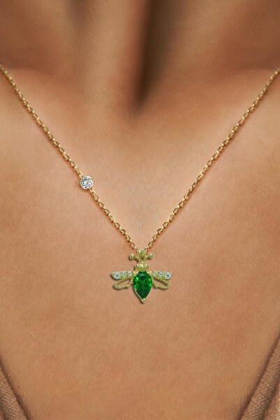 Demas Gold Pırlantalı 14 Ayar Arı Zümrüt Rengi Kolye