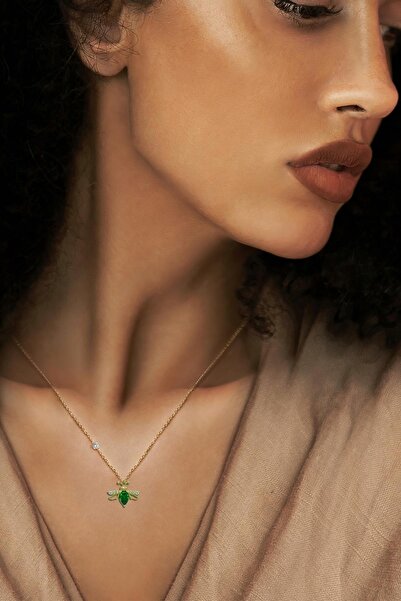 Demas Gold Pırlantalı 14 Ayar Arı Zümrüt Rengi Kolye