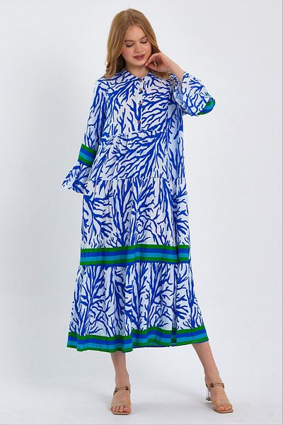 AYASOFYA OTANTIK Rochie de damă, albastru, alb, cu nasturi, cu mâneci spaniole, etnică autentică