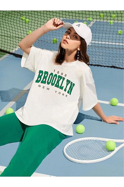 Machetta Plus Size Women's Brooklyn Printed Green Tracksuit T-shirt Summer Suit