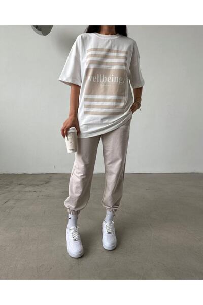 Machetta Plus Size Women's Summer Wellbeing Fashion Style Printed Crew Neck T-shirt Tracksuit Set