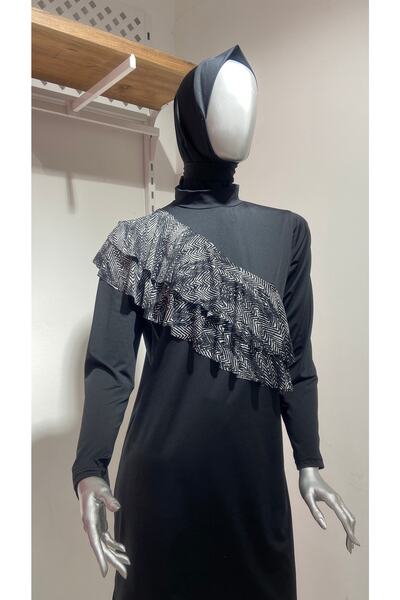 GİZGİYİM Black and White Patterned Valon 3 Piece Hijab Swimsuit Large Size