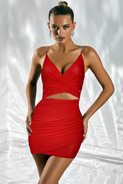Ergü Pleated Red Mini Women's Dress with Straps and Chain Detail 1517-1