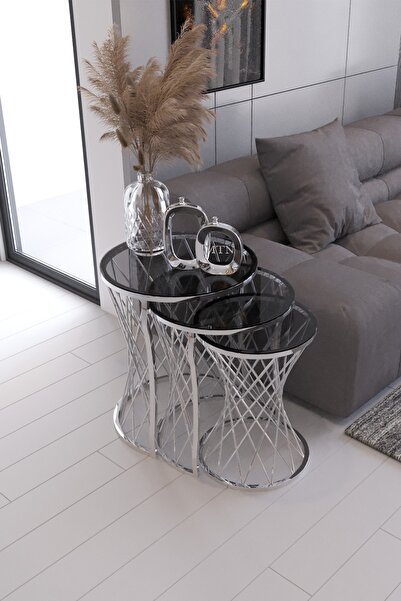 Nies Aksesuar Hasır Telli Zigon Sehpa Gümüş Kaplama Füme Cam