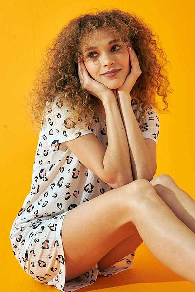 Siyah İnci Pink Heart Pattern Soft Touch Thin Knitted Shorts Set
