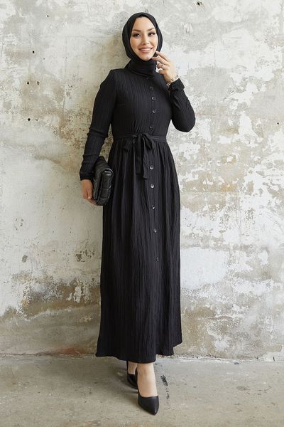 Black Floral Crew neck Unlined Modest Dress