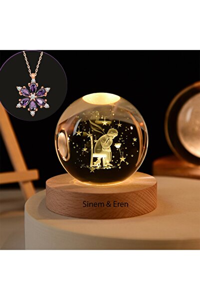 keyfim shop Kişiye Özel Büyük Boy Işıklı Ahşap Kaideli Küçük Prens Cam Küre 8...