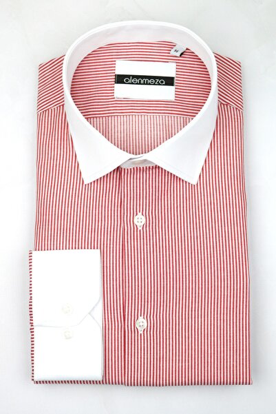 alenmeza Cămașă pentru bărbați, roșu, alb, cu dungi albe, cu guler alb, ocazi...