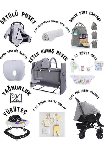 almirakids 19 Parça Bebek Çeyiz Seti Keten Kumaş Oyuncaklı Beşik Bebek Arabas...