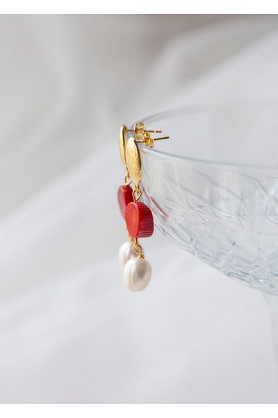 CHARMLUCKY Natural Coral-pearl Dangle Earrings