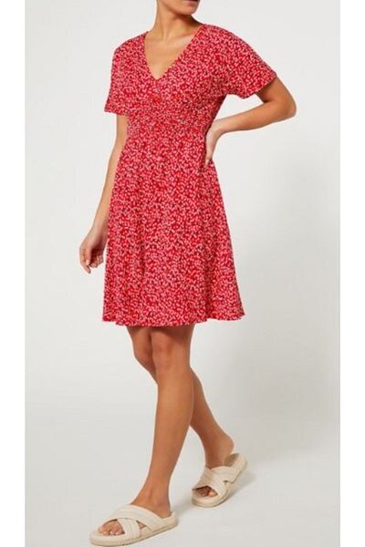 Kübra Tekstil Rochie mini roșie cu model floral de damă Kt02185