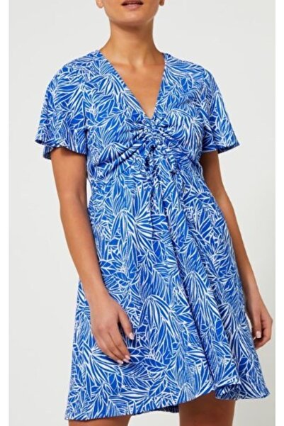 Kübra Tekstil Kadın V Yaka Ayarlanabilir Büzgülü Mavi Elbise Kt02185