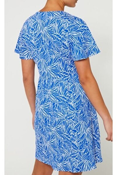 Kübra Tekstil Kadın V Yaka Ayarlanabilir Büzgülü Mavi Elbise Kt02185