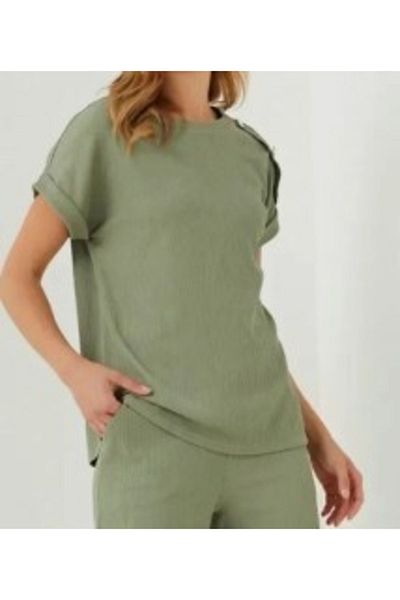 Kübra Tekstil Γυναικεία Μπλούζα Χακί Χρώμα Κουμπί Λεπτομερή Kt00919