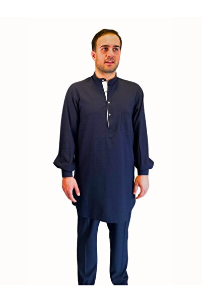 Beratnur Men's Hajj and Umrah Clothing Double Layer Top and Bottom Afghan Suit - Navy Blue