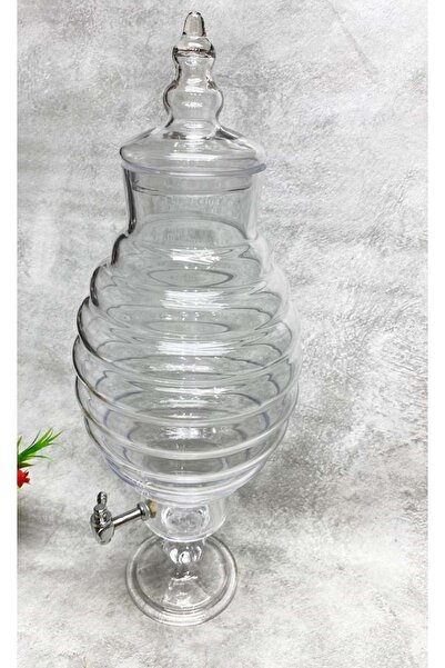 Jenisa Cam El Yapımı Kovan Model Musluklu Kapaklı Şerbetlik Sunumluk