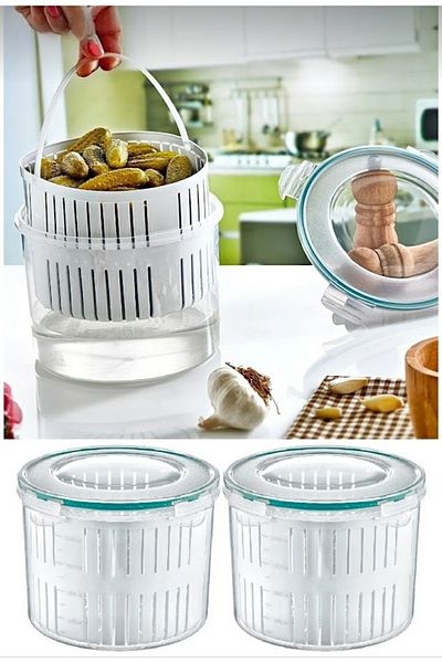 AHİR TİCARET 2 Pieces Large Size Pickle Bowl with Strainer and Storage Container 2.5 Lt