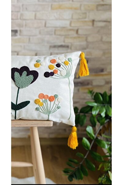 SWITA Single Punch Embroidered Flower Pattern Tasseled Throw Pillow Cover