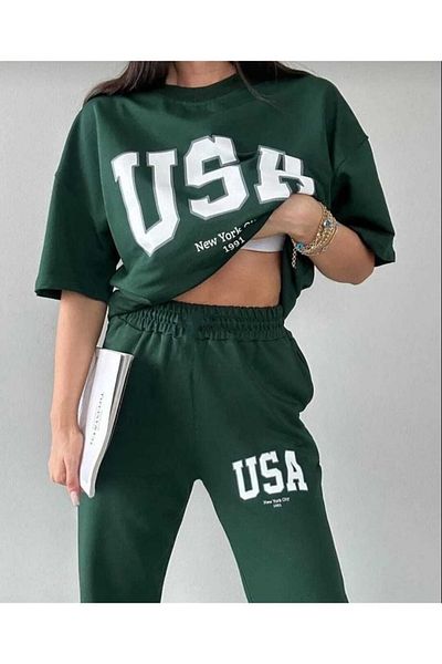 FAVORİST Women's USA Printed Short Sleeve T-shirt Tracksuit Set