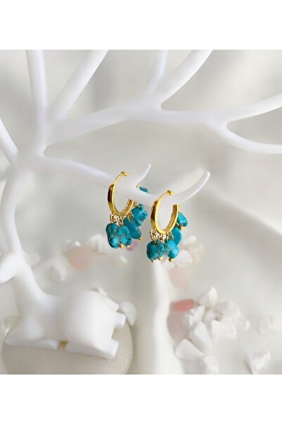 LOVI Kadın Turkuaz Doğaltaşlı Altın Kaplama Halka Küpe