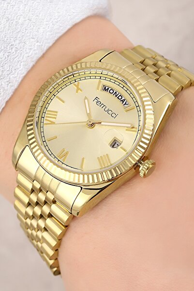 Ferrucci Çelik Kordon Altın Renk 3 Atm Su Geçirmez Takvimli Kadın Kol Saati