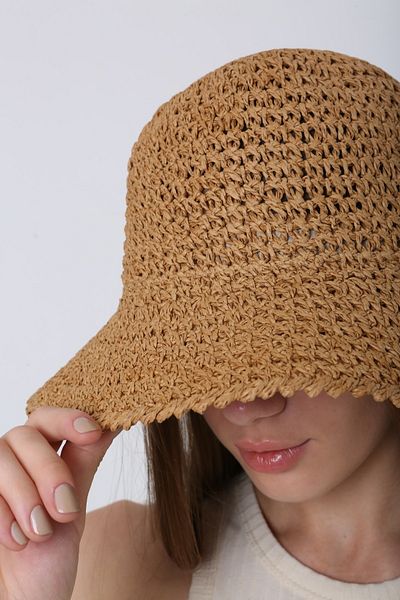 MARBERRY Camel Knitted Straw Bucket Women's Hat