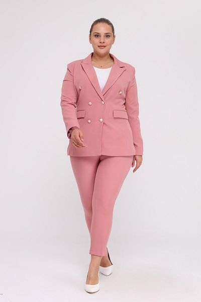 SİZ Women's Pink Blazer Jacket Belted Pocket Pipe Leg Trousers Plus Size Suit