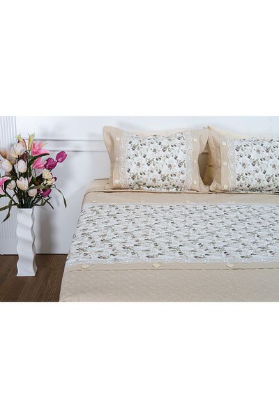 Finezza Gülfem Cotton Printed Cream Beige Bedspread Set Double Knitted. 6 Pieces - 913