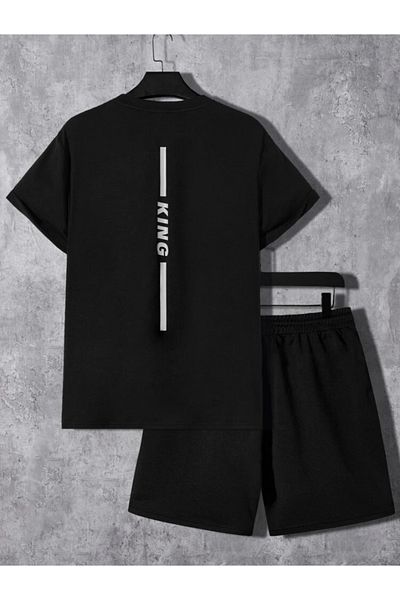 Josette Unisex Black Back Detail King Printed Bottom Top Shorts T-shirt Set