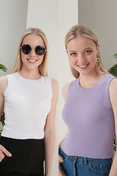 CATSPY Bluză crop din 2 piese, alb, liliac, cu gât cu șalț