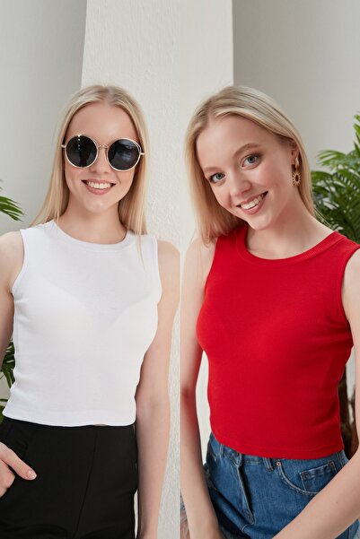 CATSPY Γυναικεία Κόκκινη Λευκή Μπλούζα με λαιμόκοψη 2 τεμαχίων Crop