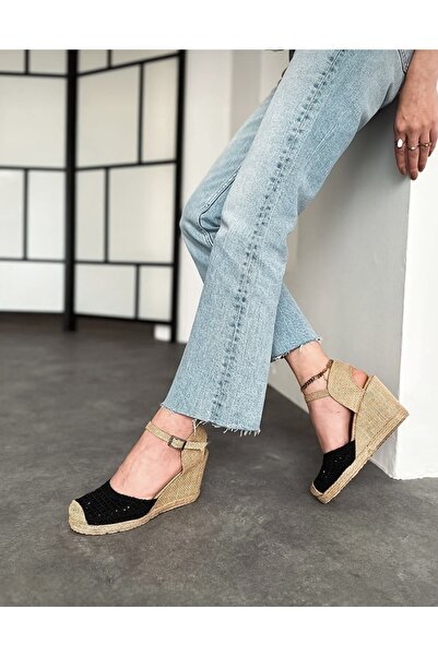 Brs Black Straw Wedge Sandals