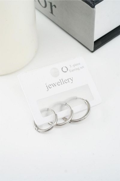 By Zeyna Aksesuar Women's Tarnish-Free 316 L Steel 3-Piece Hoop Set Earrings