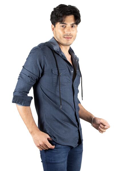 DeepSEA Ανδρικό τζιν πουκάμισο με με κουκούλα τσέπες εφαρμοστό ελαστικό ύφασμα 2300396