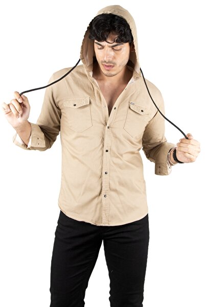 DeepSEA Ανδρικό μπλουζάκι με κουκούλα σε μπεζ χρώμα με τσέπες Slim Fit Lycra 2300396