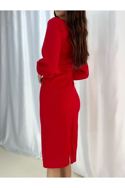 Secret Passion Lingerie Flexible Crepe Fabric Slit Detailed Double Breasted Collar Long Sleeve Red Evening Dress 021 58706