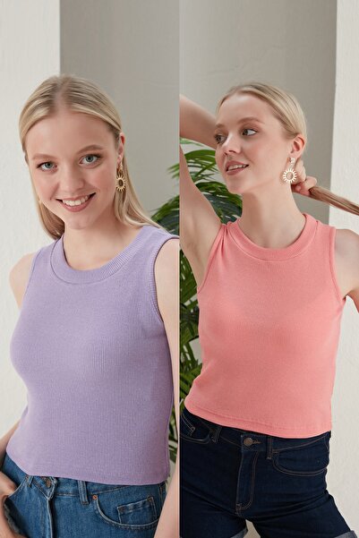 CATSPY Kadın Lila Pudra Halter Yaka Fitilli 2'li Paket Crop Bluz
